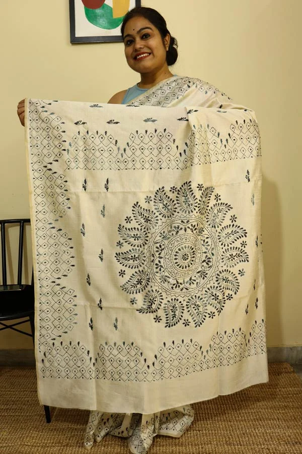 Cream-Art-Silk-Saree-with-Black-&-Grey-Kantha-Embroideries2 Cream Art Silk Saree with Black & Grey Kantha Embroideries