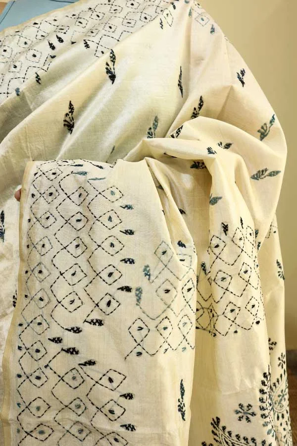 Cream-Art-Silk-Saree-with-Black-&-Grey-Kantha-Embroideries3 Cream Art Silk Saree with Black & Grey Kantha Embroideries