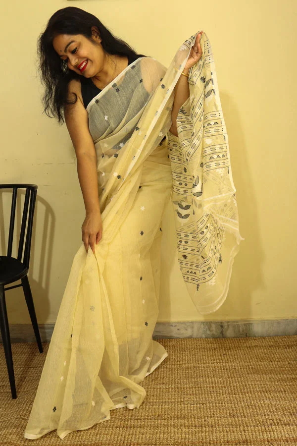 Yellow-Soft-Jamdani-Saree-with-Floral-Motifs1 Yellow Soft Jamdani Saree with Floral Motifs