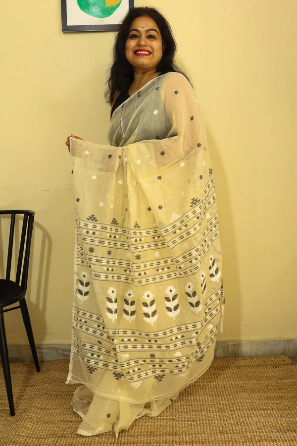 Yellow-Soft-Jamdani-Saree-with-Floral-Motifs2 Yellow Soft Jamdani Saree with Floral Motifs