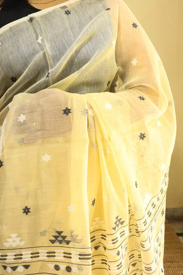 Yellow-Soft-Jamdani-Saree-with-Floral-Motifs3 Yellow Soft Jamdani Saree with Floral Motifs