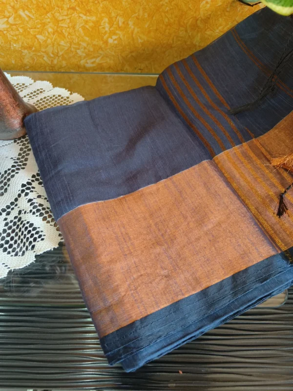 Grey Plain Cotton Silk Saree with Golden Border