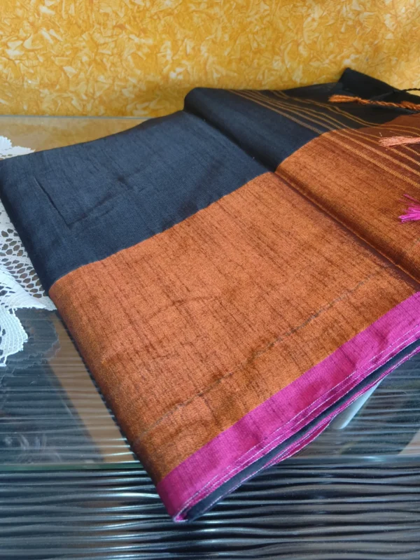 Black Plain Cotton Silk Saree with Golden Border