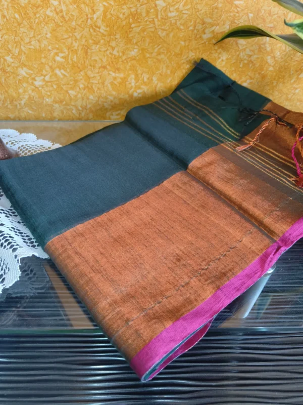 Green Plain Cotton Silk Saree with Golden Border