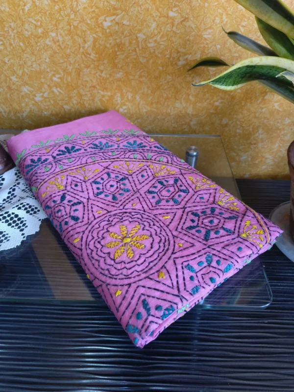 Pink Art Silk Saree with Multicolour Kantha Embroideries