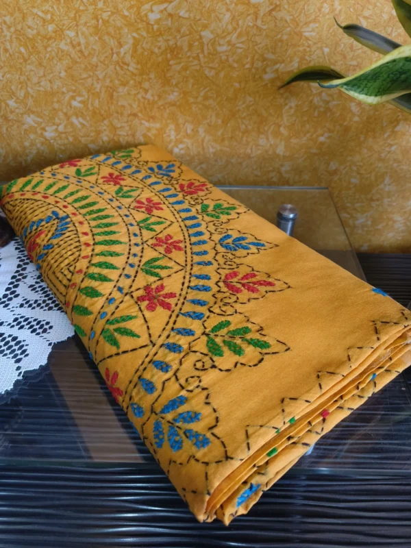 Mustard Art Silk Saree with Multicolour Kantha Embroideries