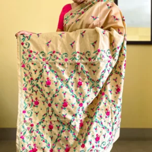 Beige Art Silk Saree with Pink and Green Shantiniketan Kantha Embroideries (2)