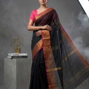 Black Plain Cotton Silk Saree with Golden Border