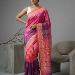 Elephant Printed Tricolour Semi Murshidabad Silk Saree
