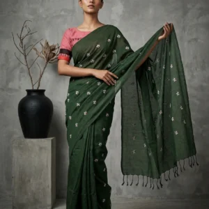 Green Soft Cotton Saree with Parijat Motifs