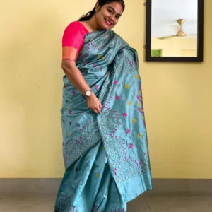 Grey Art Silk Saree with Multicolour Kantha Embroideries (2)