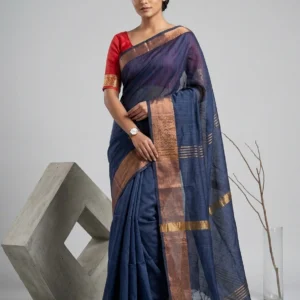 Grey Plain Cotton Silk Saree with Golden Border