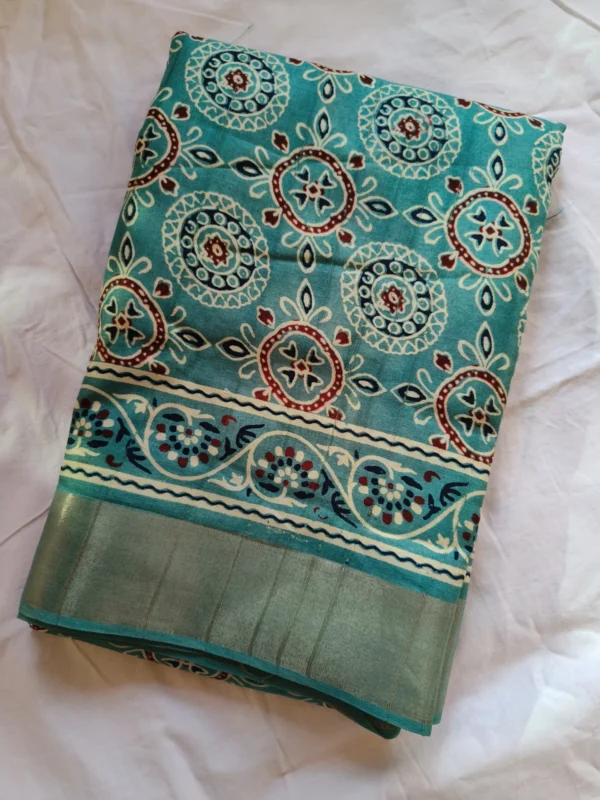 Sea Green Ajrakh Printed Art Silk Saree