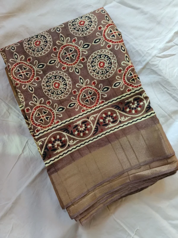 Mocha Mousse Ajrakh Printed Art Silk Saree