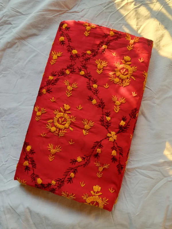 Red Art Silk Saree with Shantiniketan Kantha Embroideries