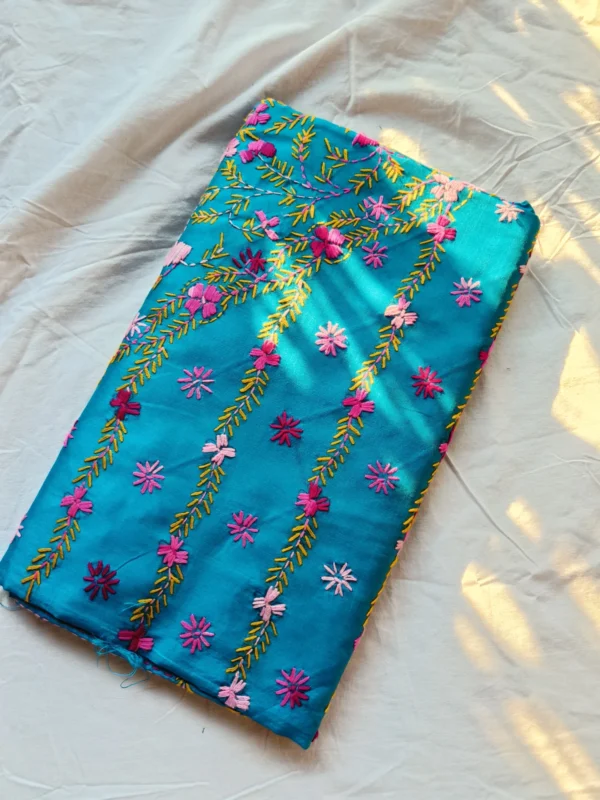 Turquoise Art Silk Saree with Shantiniketan Kantha Embroideries