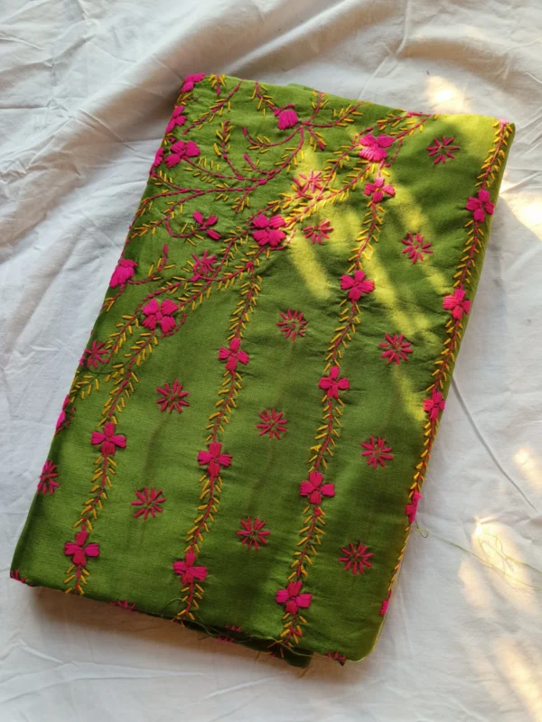 Myrtle Green Art Silk Saree with Shantiniketan Kantha Embroideries