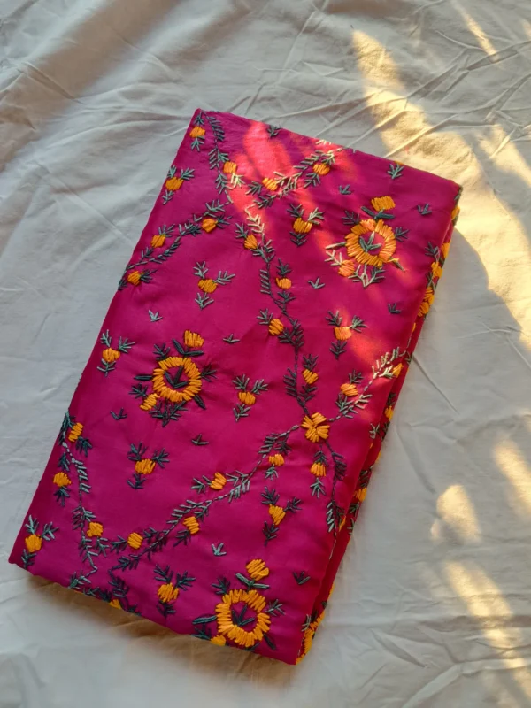 Magenta Art Silk Saree with Yellow and Green Shantiniketan Kantha Embroideries