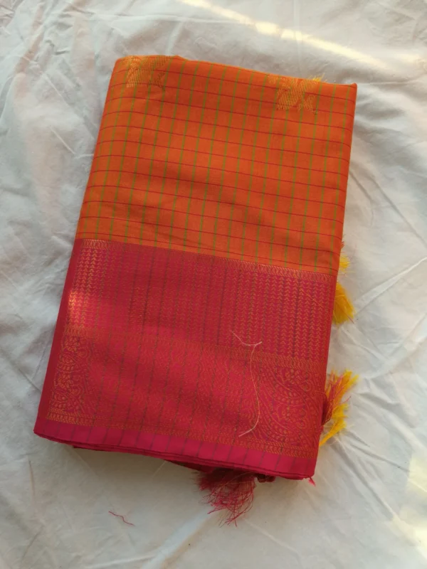 Orange Dual Toned Kattam (South Indian Checkered) Art Silk Saree with Contrast Border