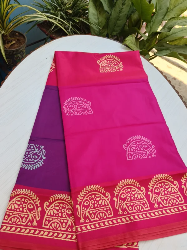 Fuchsia Elephant Printed Tricolour Semi Murshidabad Silk Saree