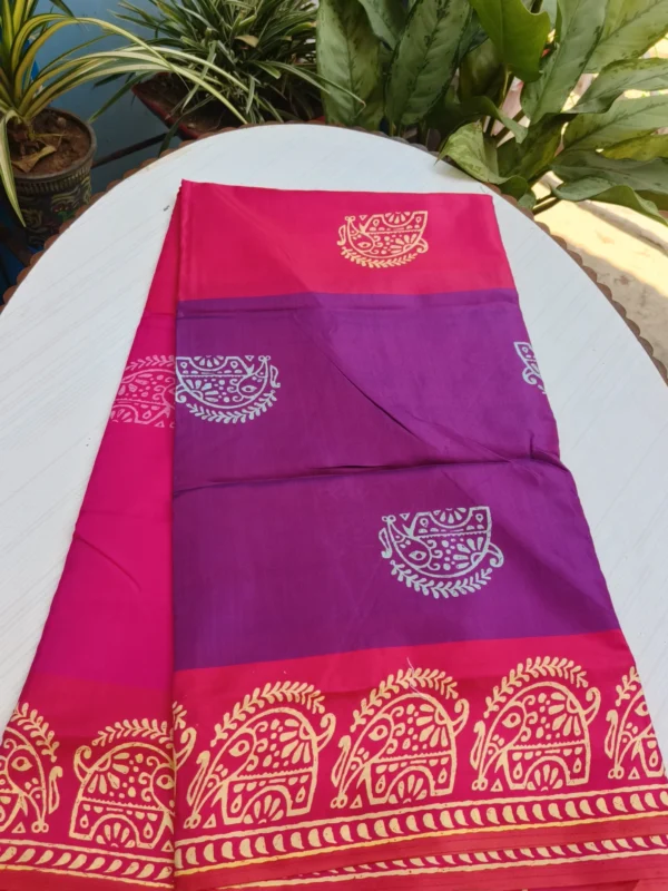 Violet Elephant Printed Tricolour Semi Murshidabad Silk Saree