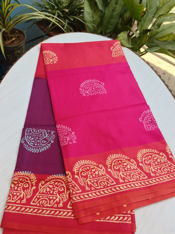 Magenta Elephant Printed Tricolour Semi Murshidabad Silk Saree