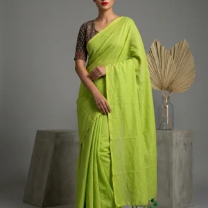 Lime Green Plain Soft Cotton Saree