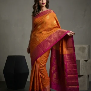 Orange Dual Toned Kattam Silk Saree with Contrast Border