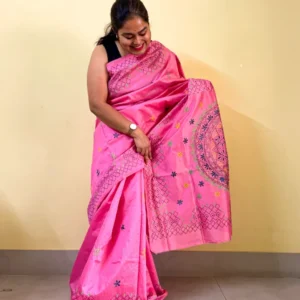 Pink Art Silk Saree with Multicolour Kantha Embroideries (2)