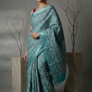 Sea Green Ajrakh Printed Art Silk Saree