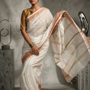 White Plain Soft Silk Saree with Golden Border