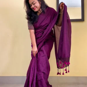 Wine Plain Soft Cotton Saree (3)