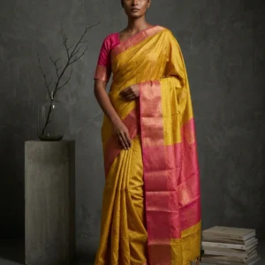 Yellow Dual Toned Kattam Silk Saree with Contrast Border