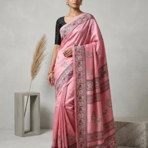 Baby PinkTerracotta Horse Printed Semi Silk Saree