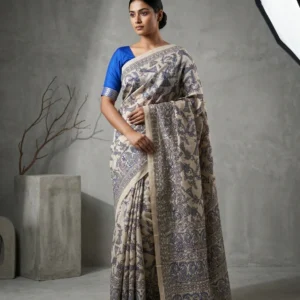 Beige Madhubani Printed Semi Tussar Ghicha Silk Saree