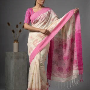 Beige Sambalpuriac Printed Soft Cotton Saree with Pink Border