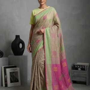 Beige Soft Cotton Linen Saree with Box Motifs and Pink Palla