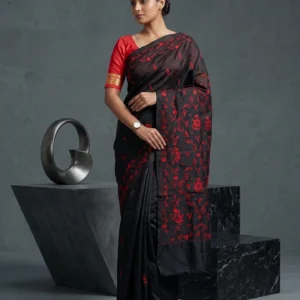 Black Art Silk Saree with Red Shantiniketan Kantha Embroideries
