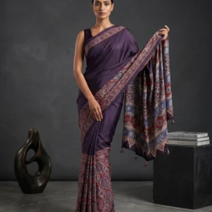 Black Semi Modal Silk Saree with Ajrakh Border