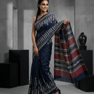 Black Semi Silk Saree with Fern Printed Border