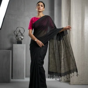 Black Soft Cotton Saree with Ghicha Aanchal