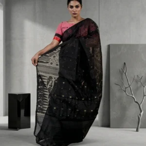 Black Soft Jamdani Saree with Floral Motifs