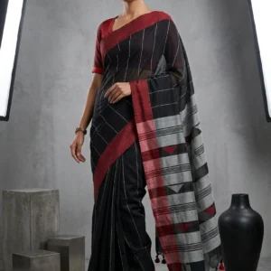 Black Thread Woven Soft Cotton Saree with Red Border
