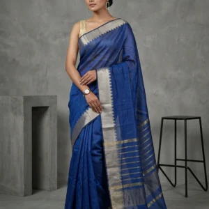Blue Cotton Silk Saree with Golden Temple Border