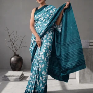 Blue Leafy Vine Printed Semi Silk Saree