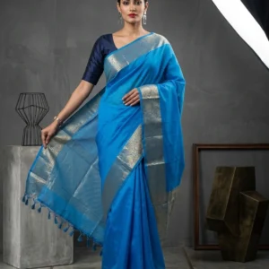 Blue Organza Silk Sarees with Golden Border