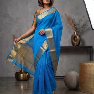 Blue Plain Semi Organza Silk Saree with Golden Border