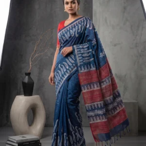 Blue Semi Silk Saree with Fern Printed Border