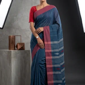 Blue Thread Woven Soft Cotton Saree with Red Border