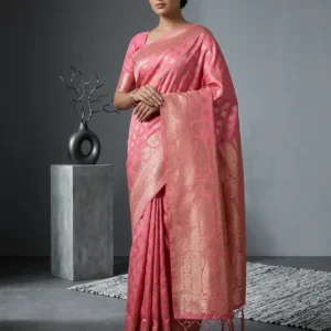 Baby Pink Semi Banarasi Silk Saree in Silver Zari